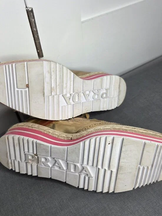 Prada Gold Metallic Platform Brogue Oxfords Espadrille Sole Women's 37.5 - Picture 8 of 13